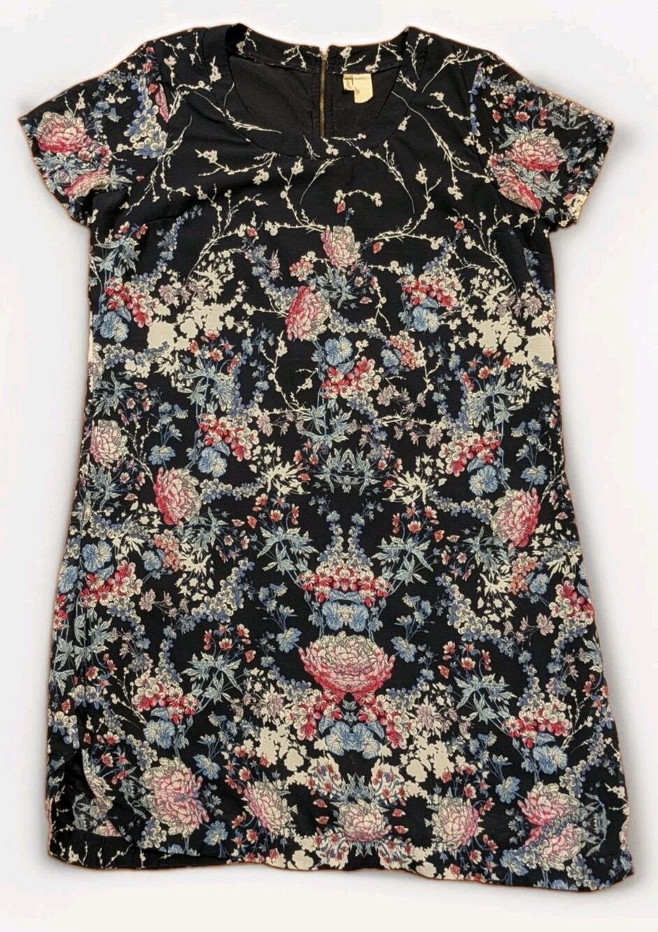 JAPNA Womens Large Black Floral Shift Dress Short Sleeve Back Zip Boho
